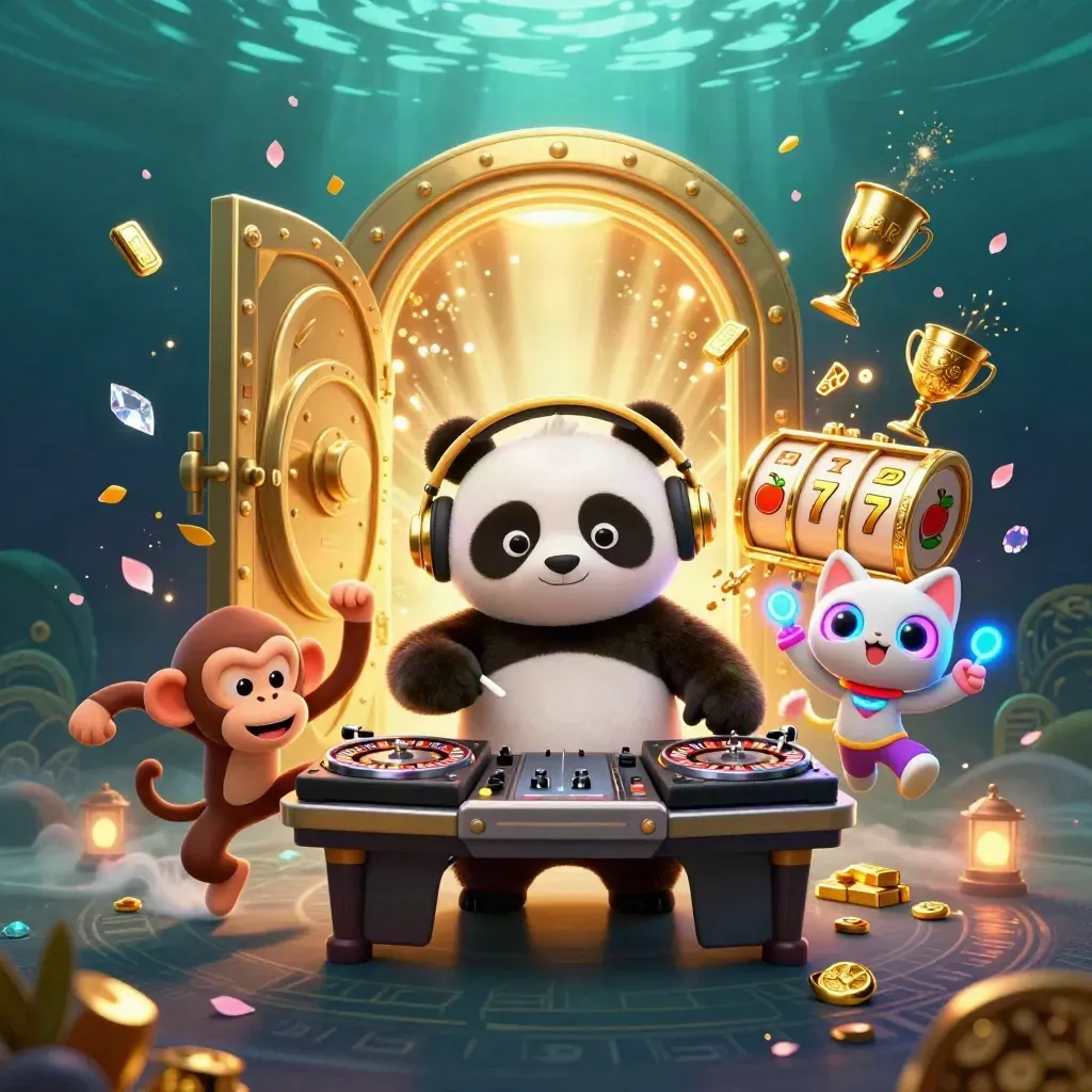 DJ panda, breakdancing monkey, and rave kitten burst treasure from a glowing vault