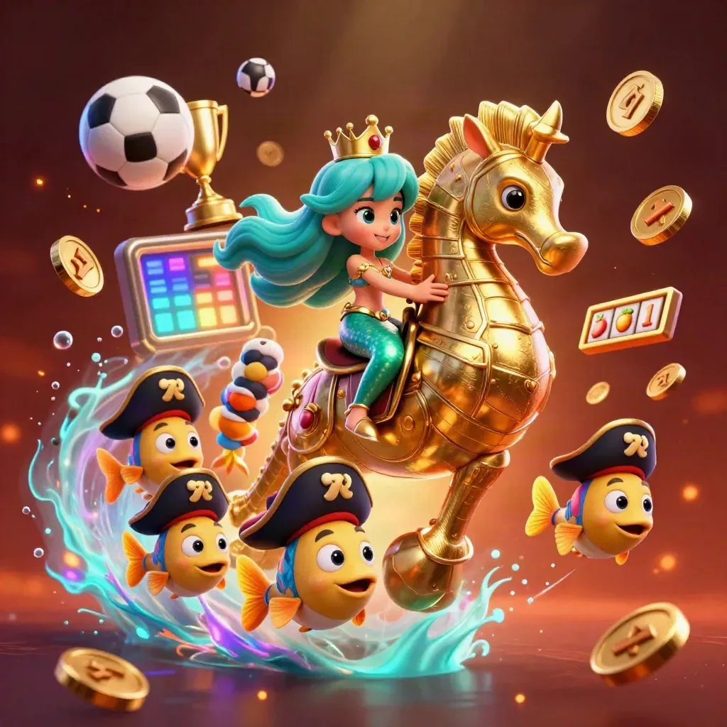 Mermaid princess on armored seahorse with pirate fish, coins, balls, trophy and casino glow.