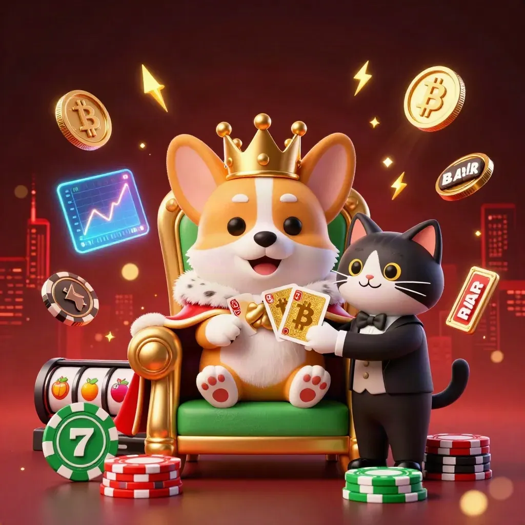 Royal corgi king and cat butler amid glowing coins, chips, and casino effects