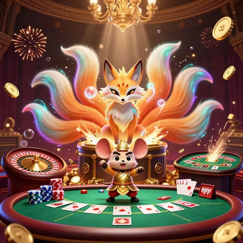Nine-tailed fox spirit and armored samurai mouse amid casino rewards, chips, cards and fireworks.