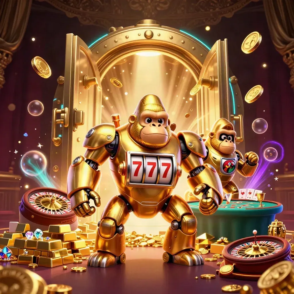 Golden gorilla mech and monkey pilot burst from a vault amid coins, gems, cards, and fireworks.