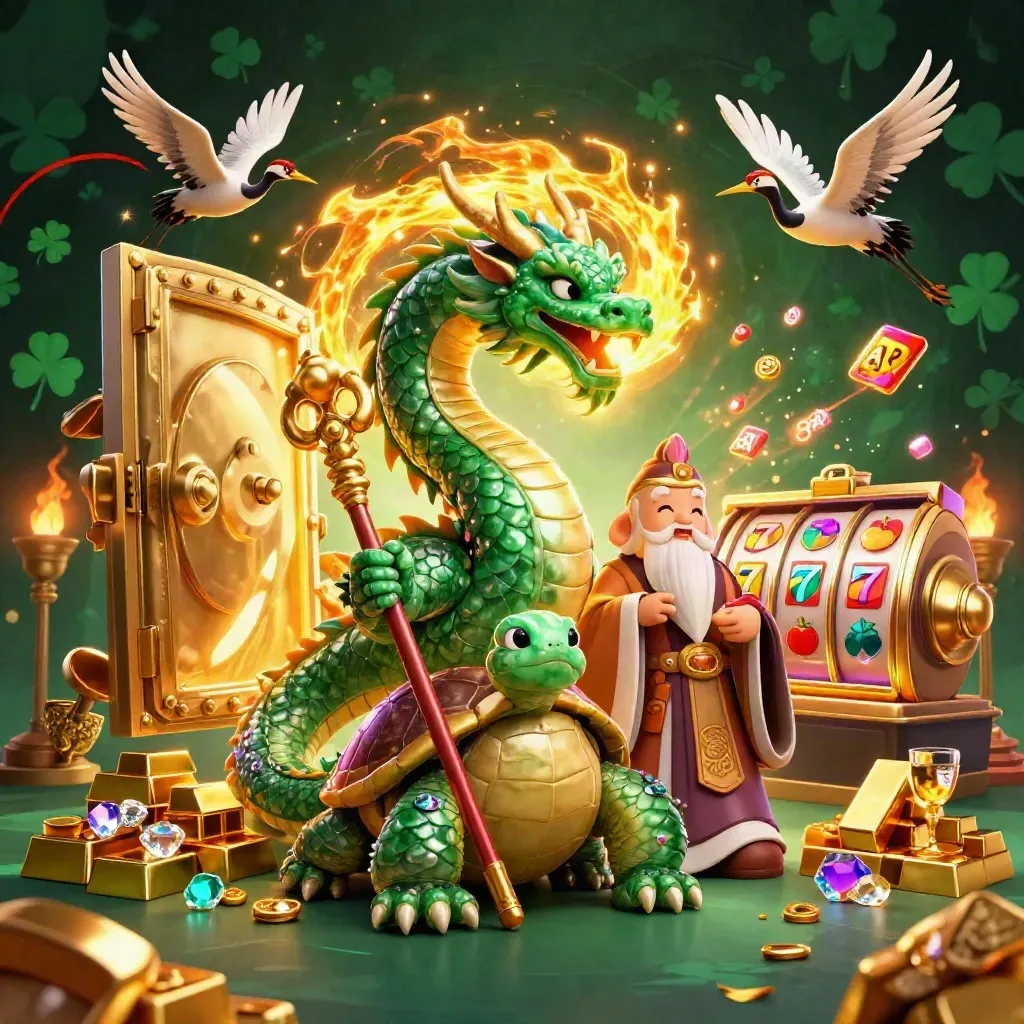 Emerald dragon, turtle sage, and cranes amid vault gold, gems, fire, and slot symbols
